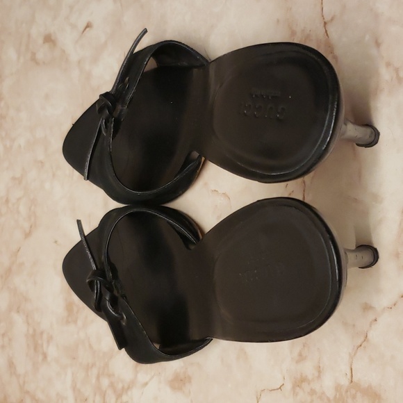 Gucci black canvas monogram open toe with bow mules high heel stiletto size 8.5 - Picture 7 of 9